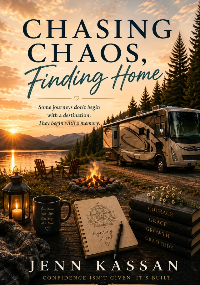 Cover of Chasing Chaos, Finding Home by Jenn Kassan: a campsite at sunset with an RV by a lake, a campfire, a Figuring It Out journal, and a stack of books labeled Courage, Grace, Growth, Gratitude