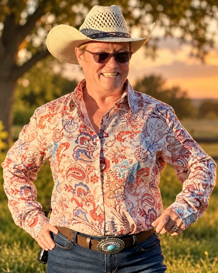 Jenn Kassan smiling in a straw cowboy hat and paisley shirt, standing in a sunlit pasture at sunset